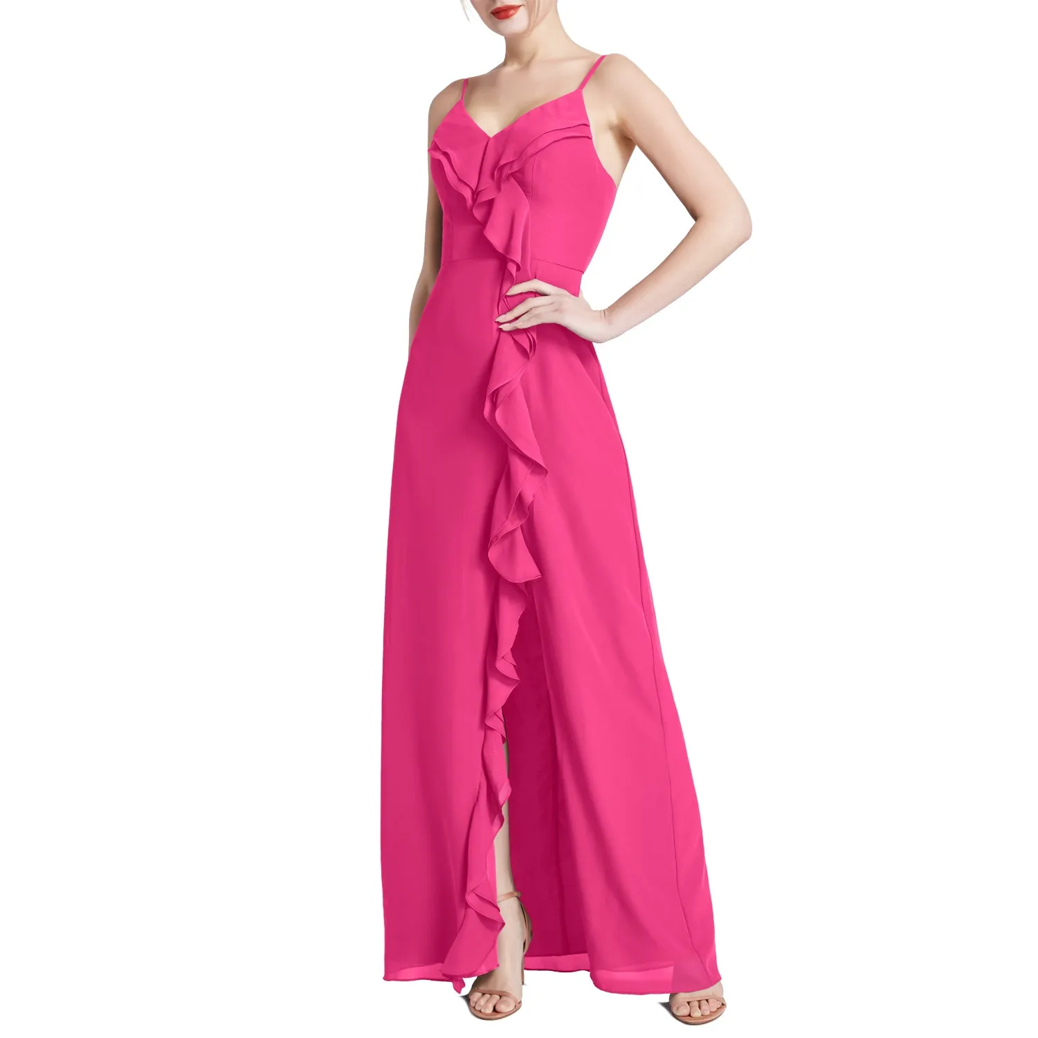 MACloth Women V Neck Ruffle Chiffon Long Wedding Party Bridesmaid Dresses Slit