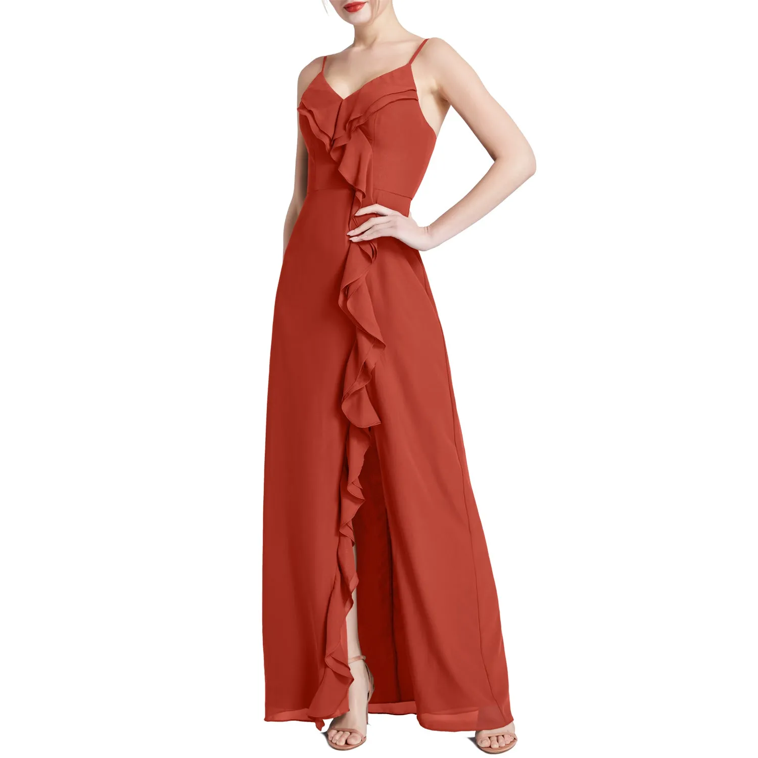 MACloth Women V Neck Ruffle Chiffon Long Wedding Party Bridesmaid Dresses Slit