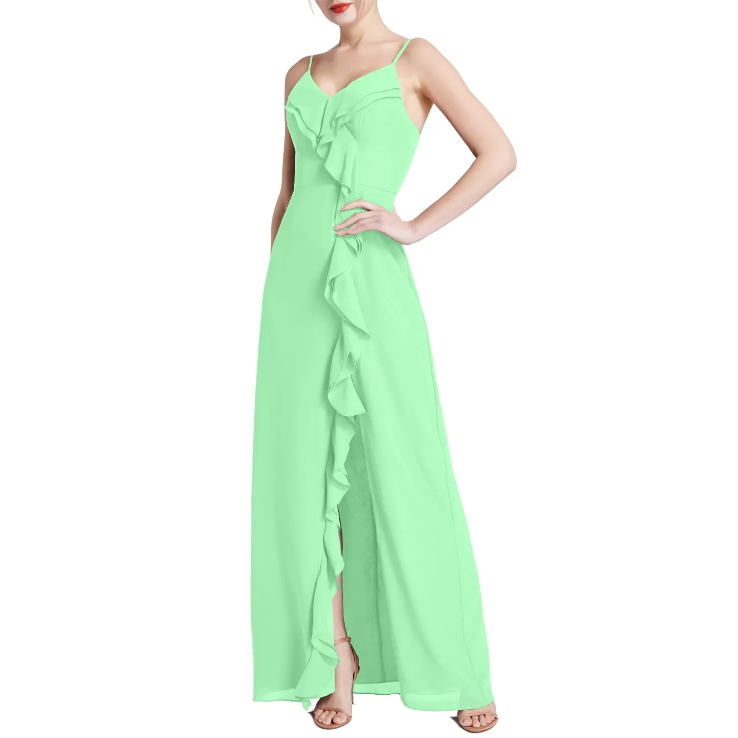 MACloth Women V Neck Ruffle Chiffon Long Wedding Party Bridesmaid Dresses Slit