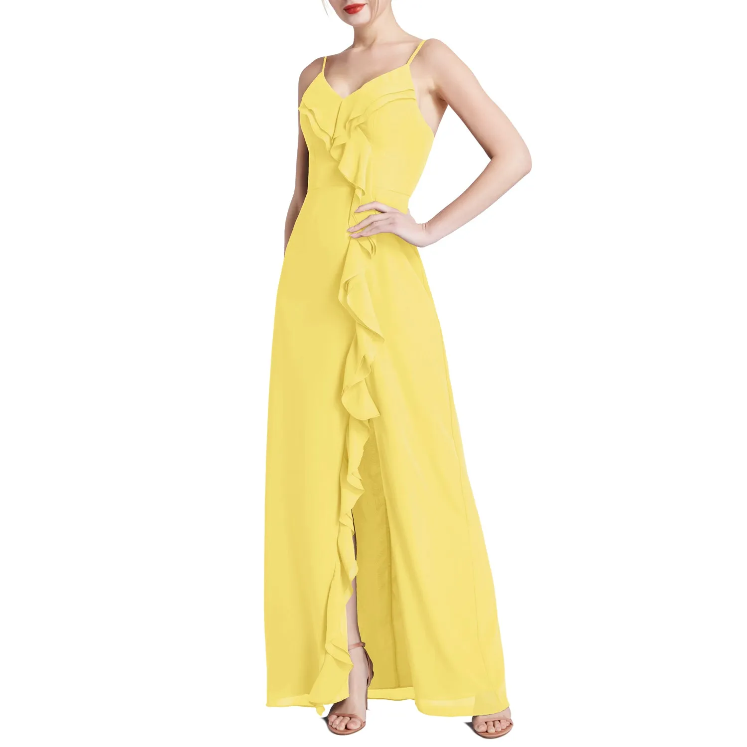 MACloth Women V Neck Ruffle Chiffon Long Wedding Party Bridesmaid Dresses Slit