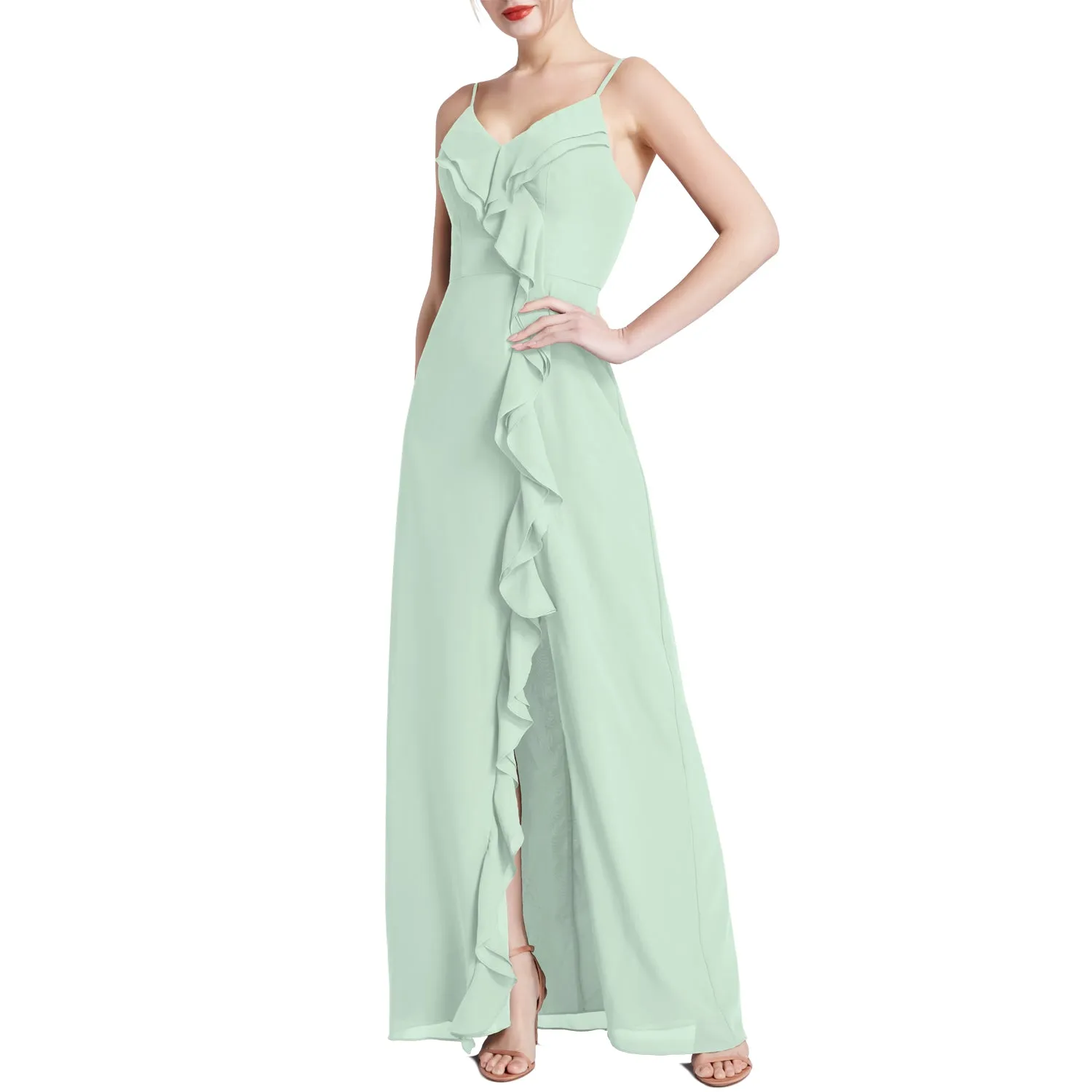 MACloth Women V Neck Ruffle Chiffon Long Wedding Party Bridesmaid Dresses Slit