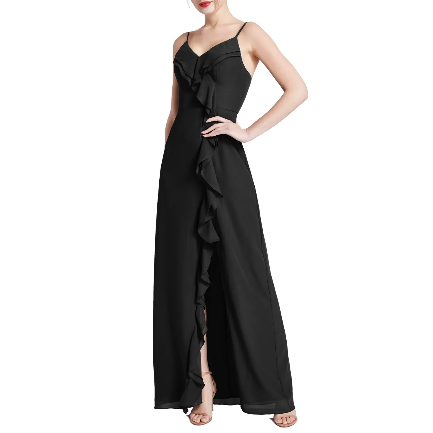 MACloth Women V Neck Ruffle Chiffon Long Wedding Party Bridesmaid Dresses Slit