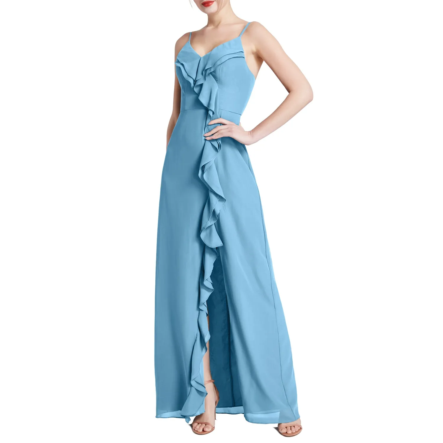 MACloth Women V Neck Ruffle Chiffon Long Wedding Party Bridesmaid Dresses Slit