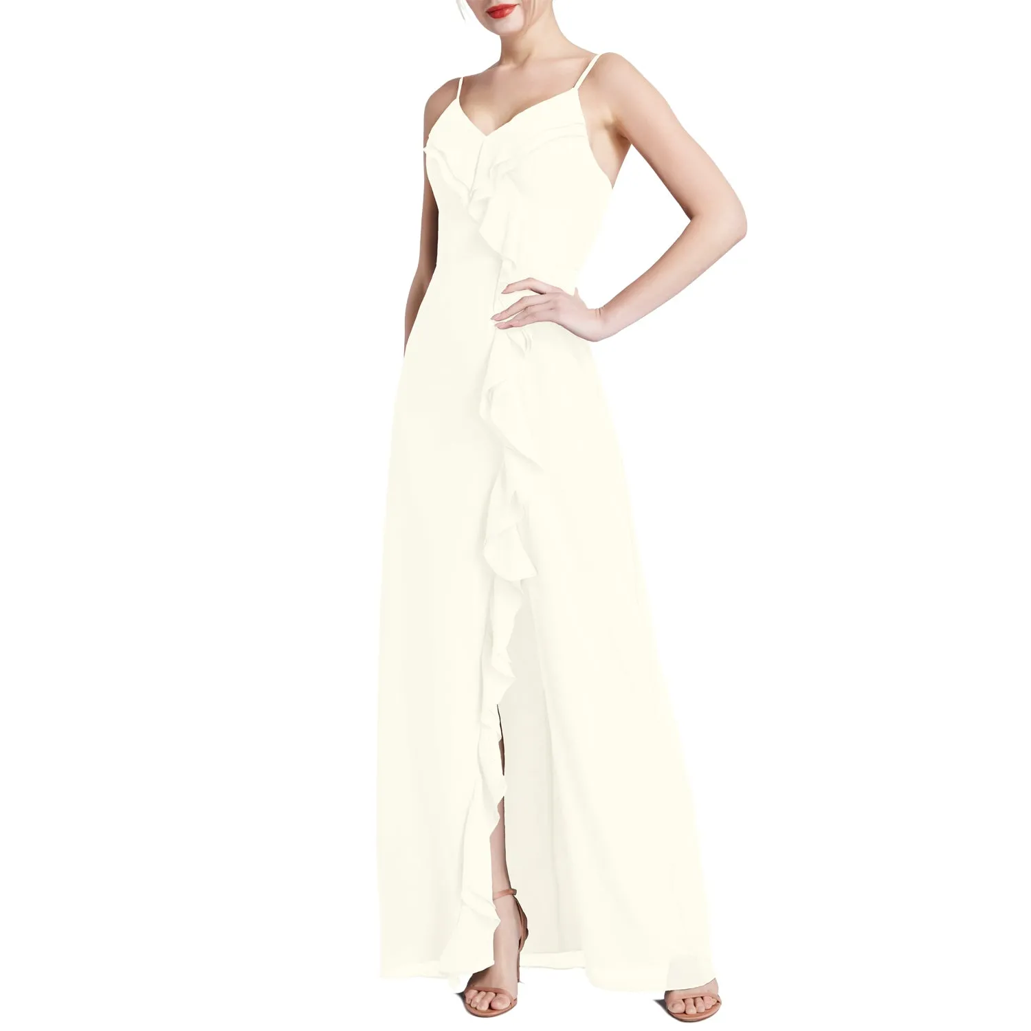 MACloth Women V Neck Ruffle Chiffon Long Wedding Party Bridesmaid Dresses Slit