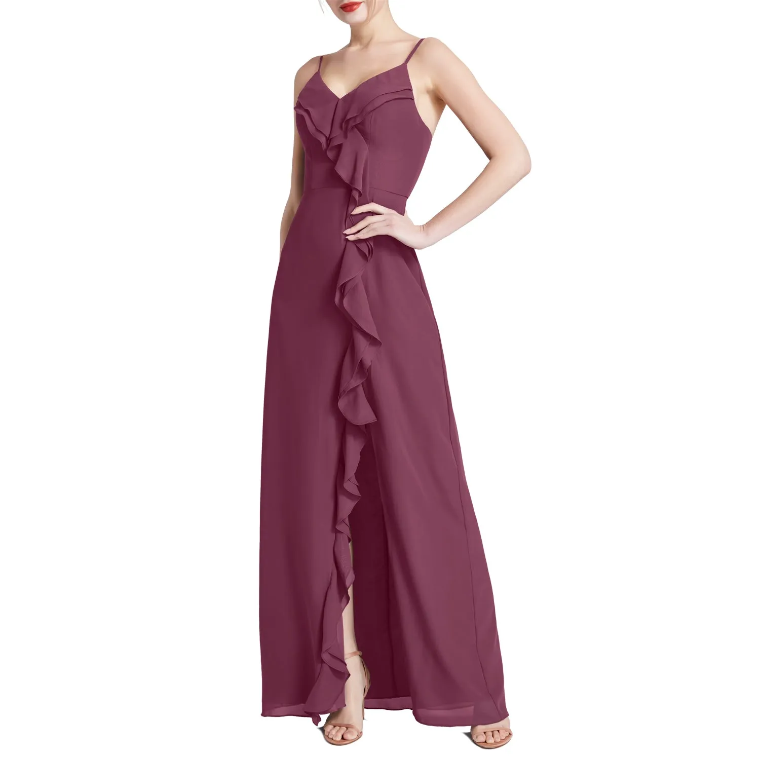 MACloth Women V Neck Ruffle Chiffon Long Wedding Party Bridesmaid Dresses Slit