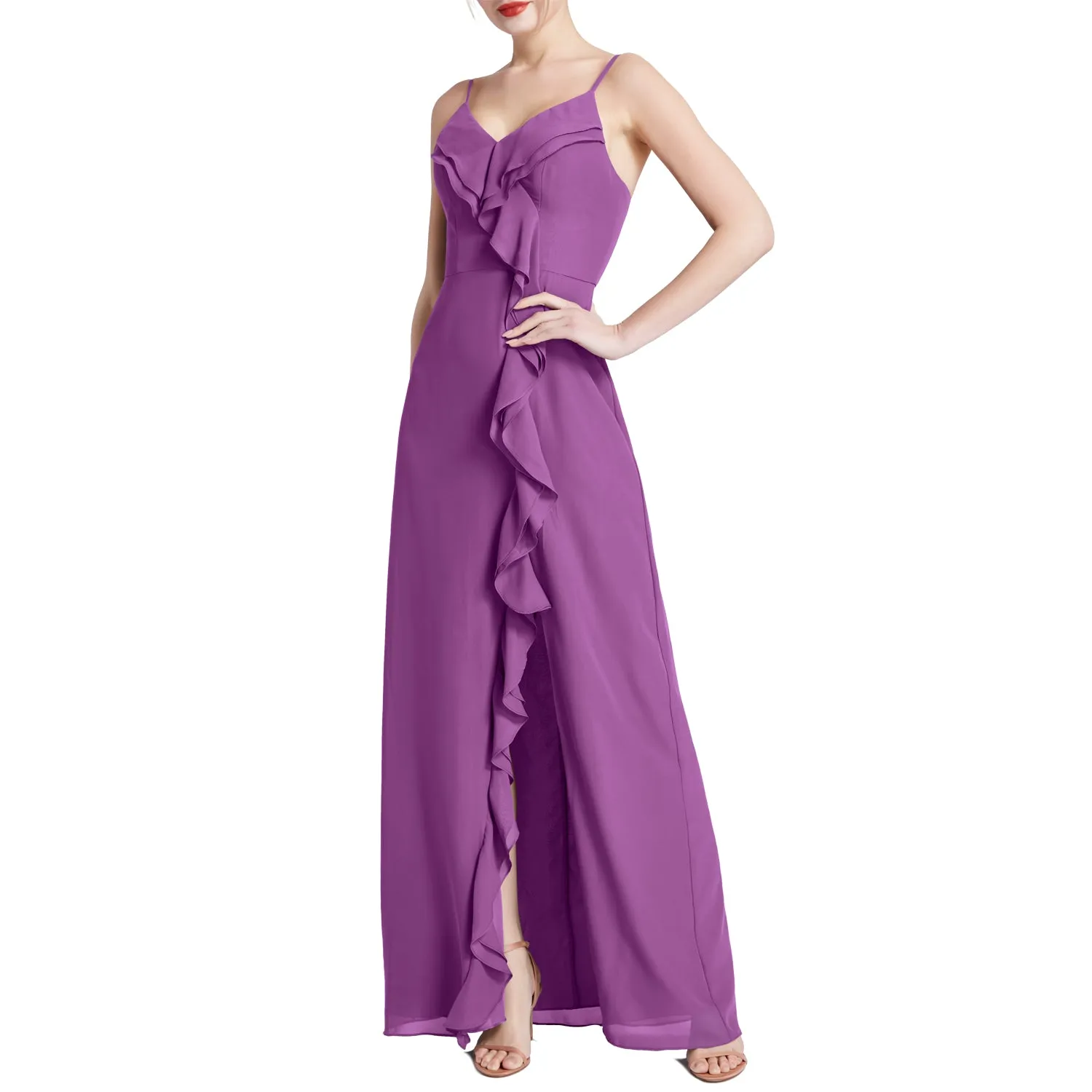 MACloth Women V Neck Ruffle Chiffon Long Wedding Party Bridesmaid Dresses Slit