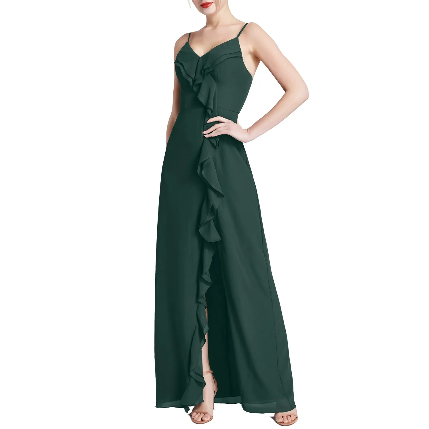 MACloth Women V Neck Ruffle Chiffon Long Wedding Party Bridesmaid Dresses Slit
