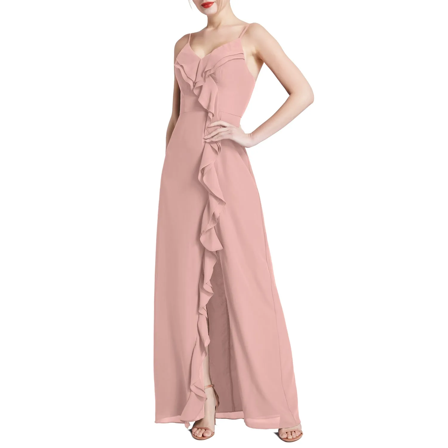 MACloth Women V Neck Ruffle Chiffon Long Wedding Party Bridesmaid Dresses Slit