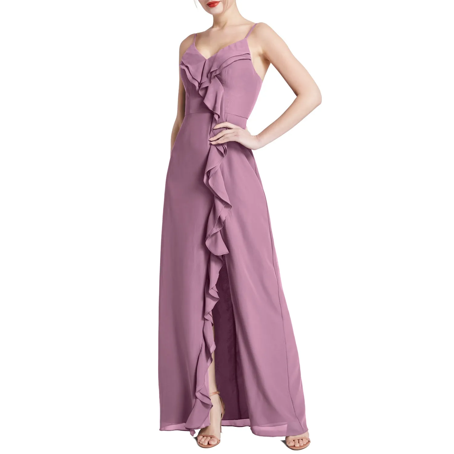 MACloth Women V Neck Ruffle Chiffon Long Wedding Party Bridesmaid Dresses Slit