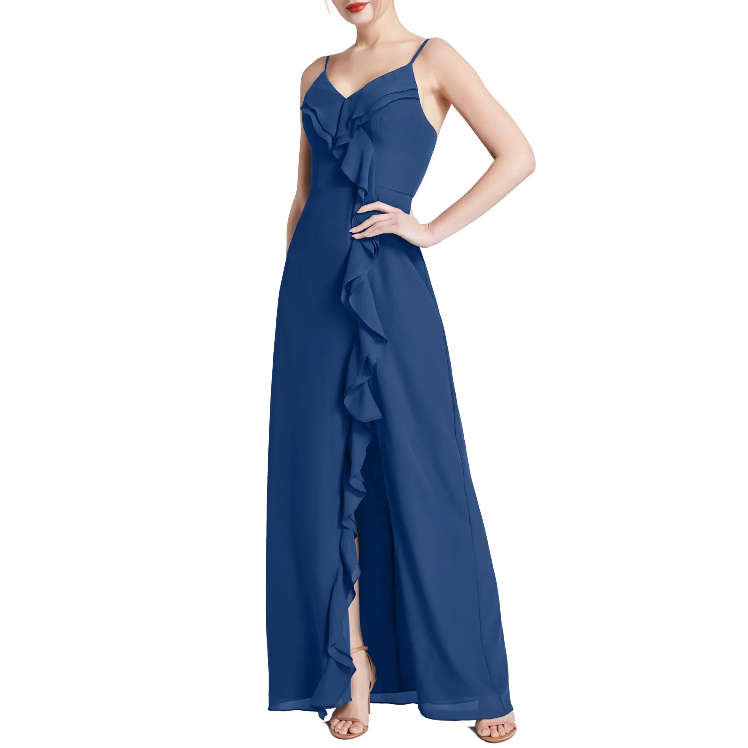 MACloth Women V Neck Ruffle Chiffon Long Wedding Party Bridesmaid Dresses Slit