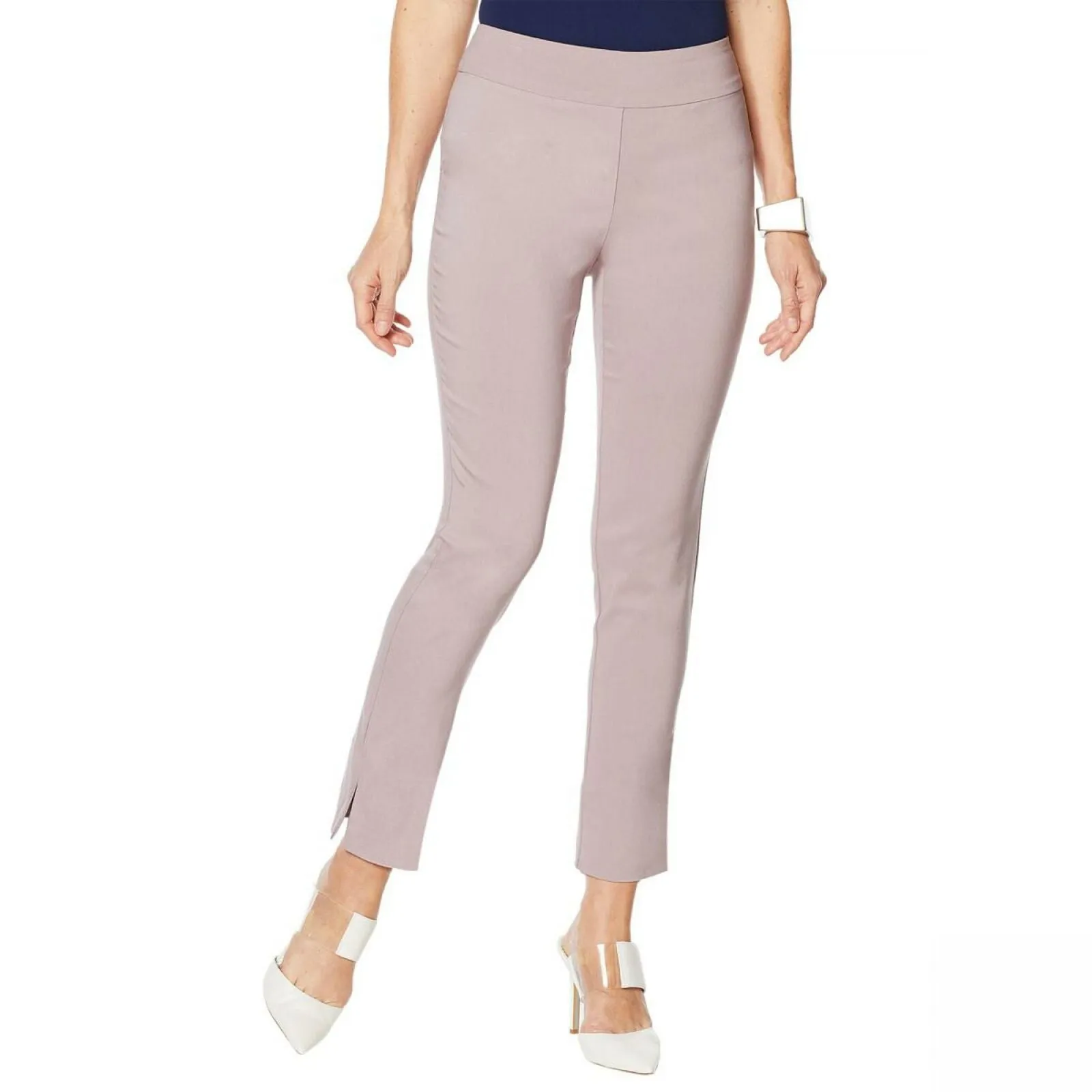 MarlaWynne Stretch Twill FLATTERfit Pants With Slit Lilac Gray Petite 12
