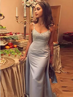 Mermaid Spaghetti Straps Silver Prom Dresses With Appliques,Cheap Prom Dresses,PDY0543