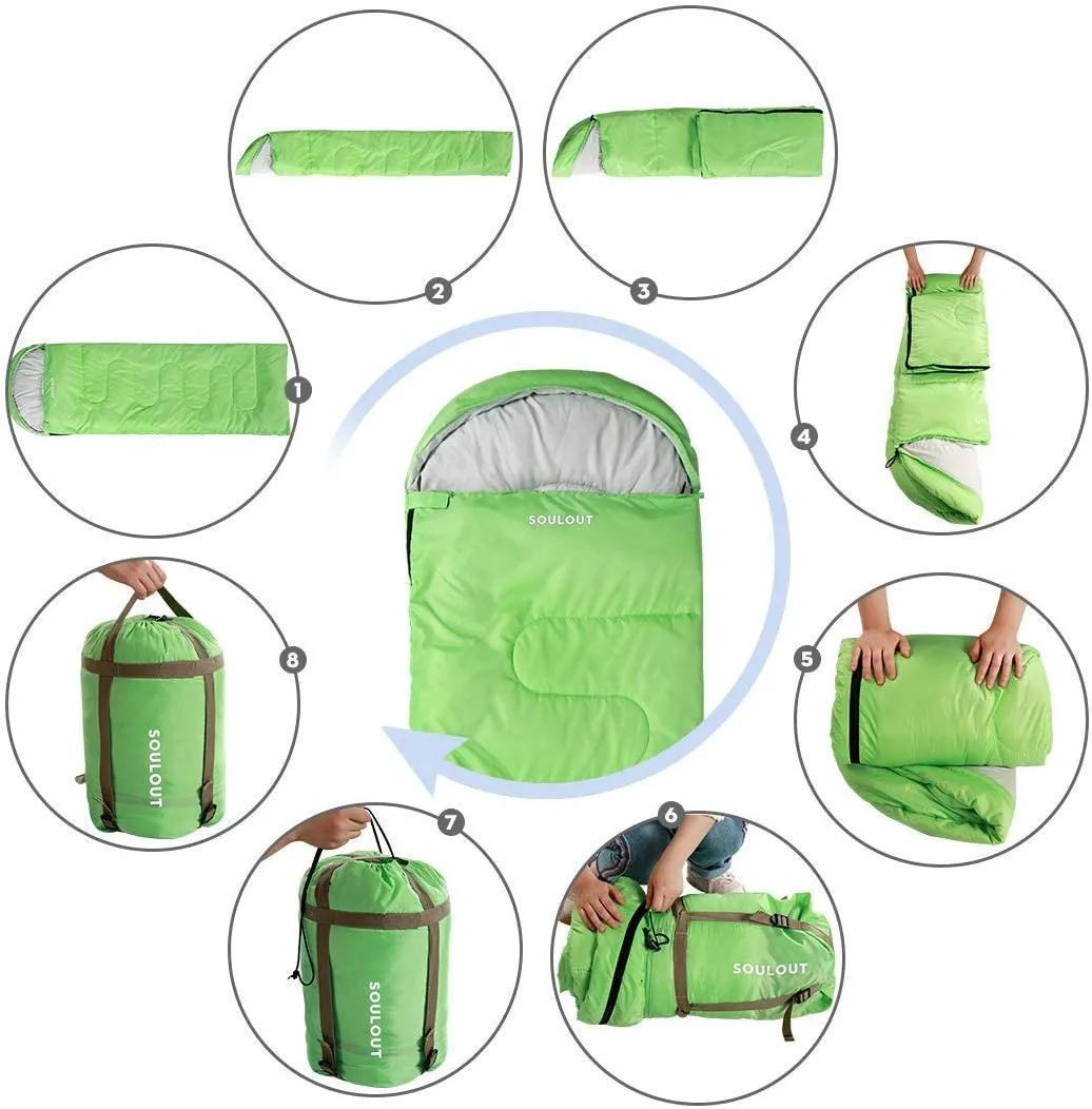New SOULOUT Sleeping Bag - 4 Seasons Warm Cold Weather Lightweight, Portable, Waterproof Sleeping Bag with Compression Sack for Adults & Kids, Green!