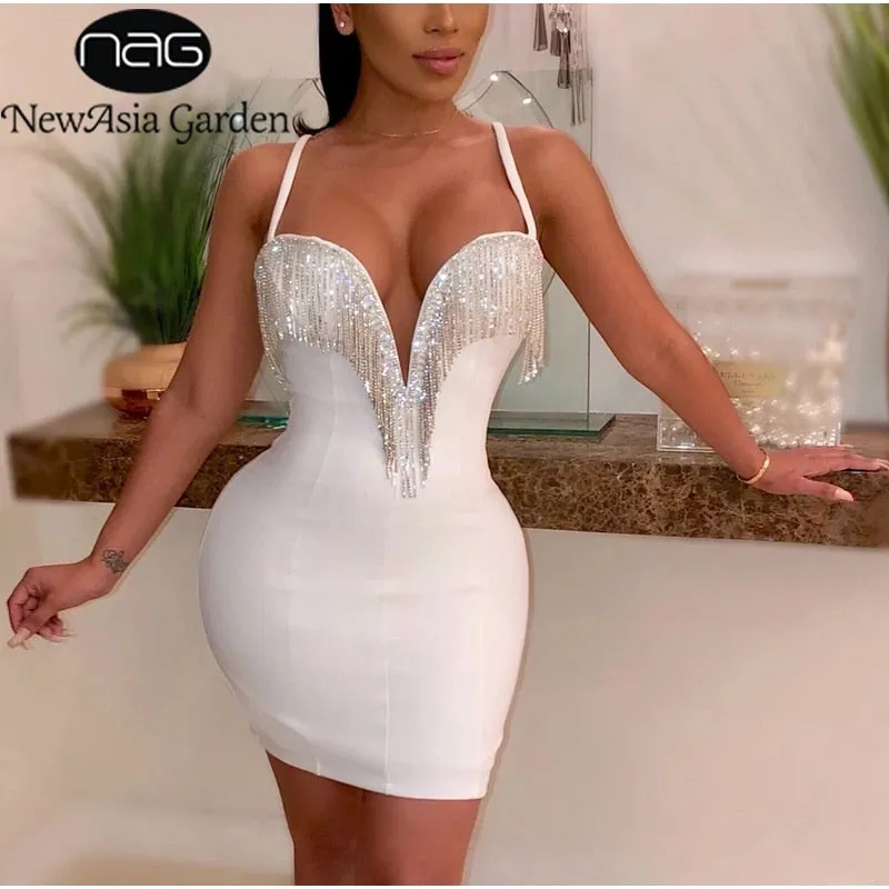 NewAsia Quaste Pailletten Kleid Frauen Diamant Fringe Tiefem V-ausschnitt Bügel Sexy Kleider Frau Party Nacht Club Bodyocn Kleid Weiß