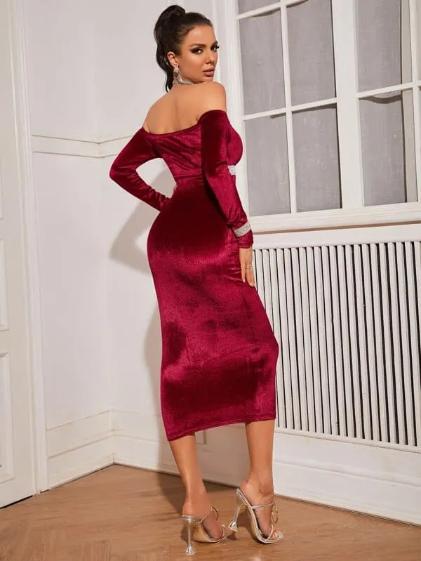 Off Shoulder Contrast Sequin Panel Velvet Dress