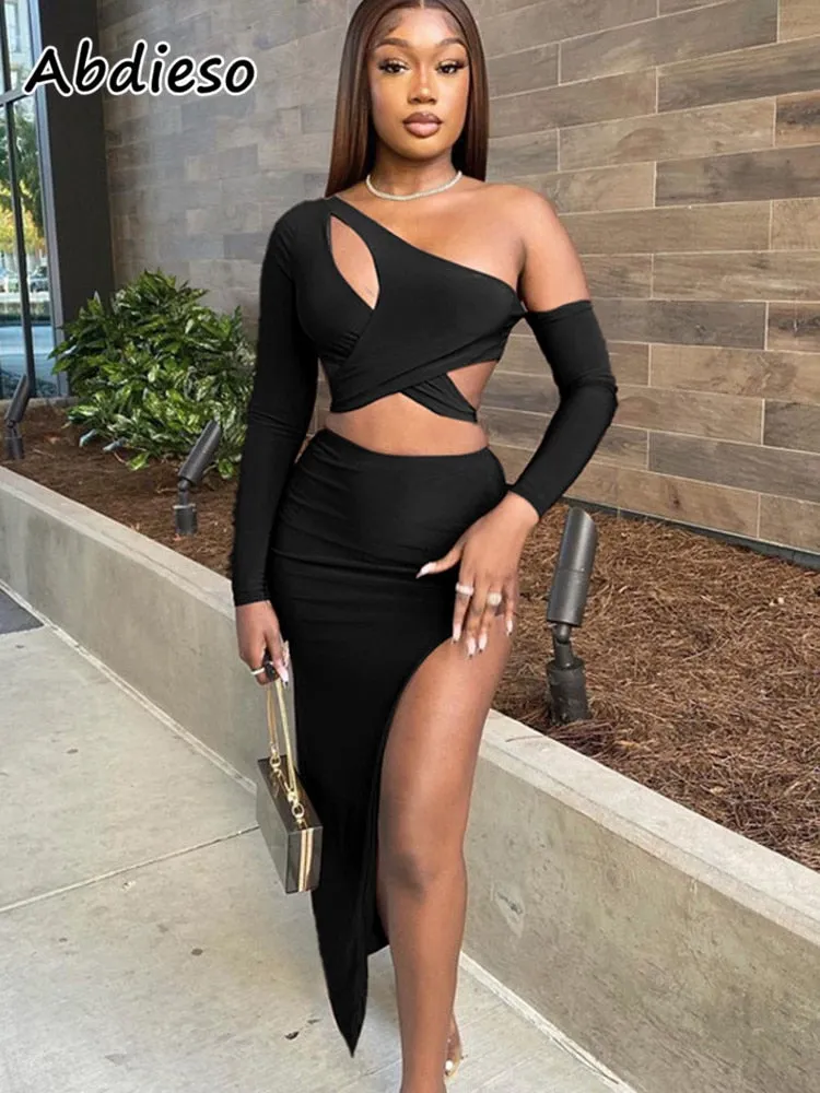 One Shoulder Cut Out Sexy Autumn Maxi Bodycon Dress
