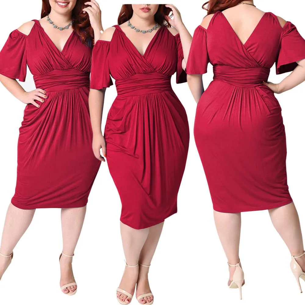 Plus Size Vintage Dress V Neck Hollow Out Tight Slim Midi Dress