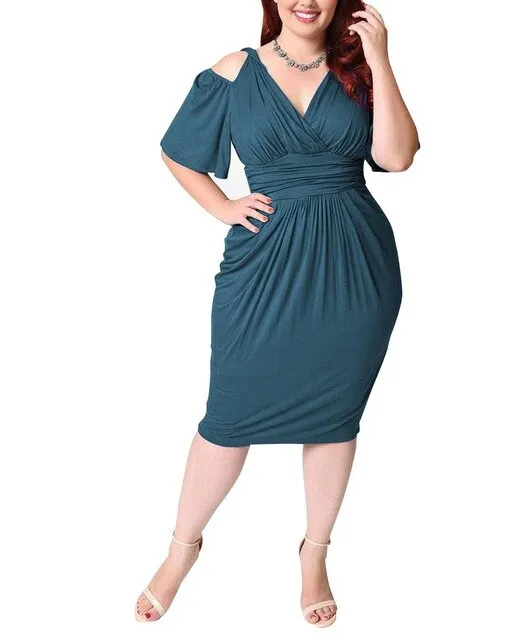 Plus Size Vintage Dress V Neck Hollow Out Tight Slim Midi Dress
