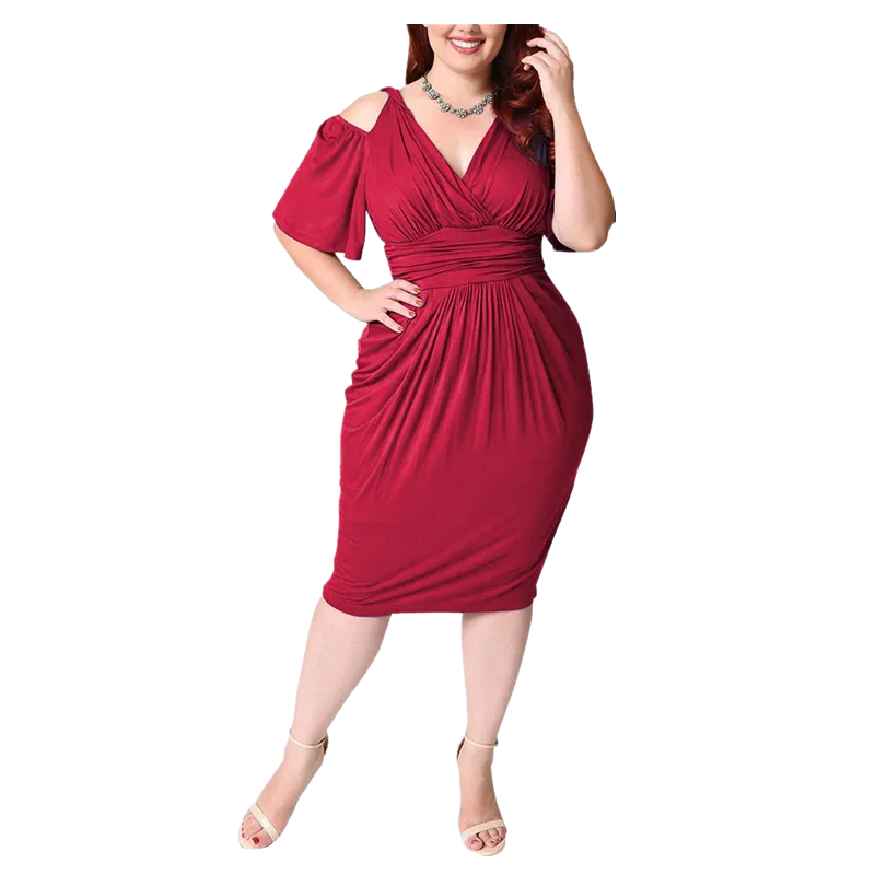 Plus Size Vintage Dress V Neck Hollow Out Tight Slim Midi Dress