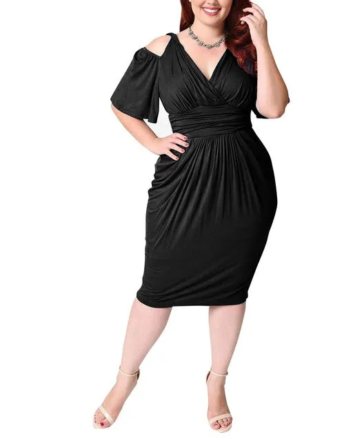 Plus Size Vintage Dress V Neck Hollow Out Tight Slim Midi Dress