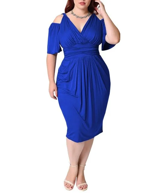 Plus Size Vintage Dress V Neck Hollow Out Tight Slim Midi Dress