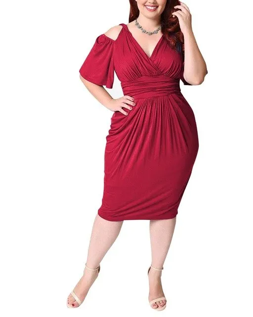 Plus Size Vintage Dress V Neck Hollow Out Tight Slim Midi Dress
