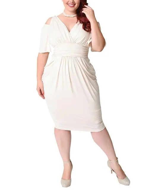 Plus Size Vintage Dress V Neck Hollow Out Tight Slim Midi Dress