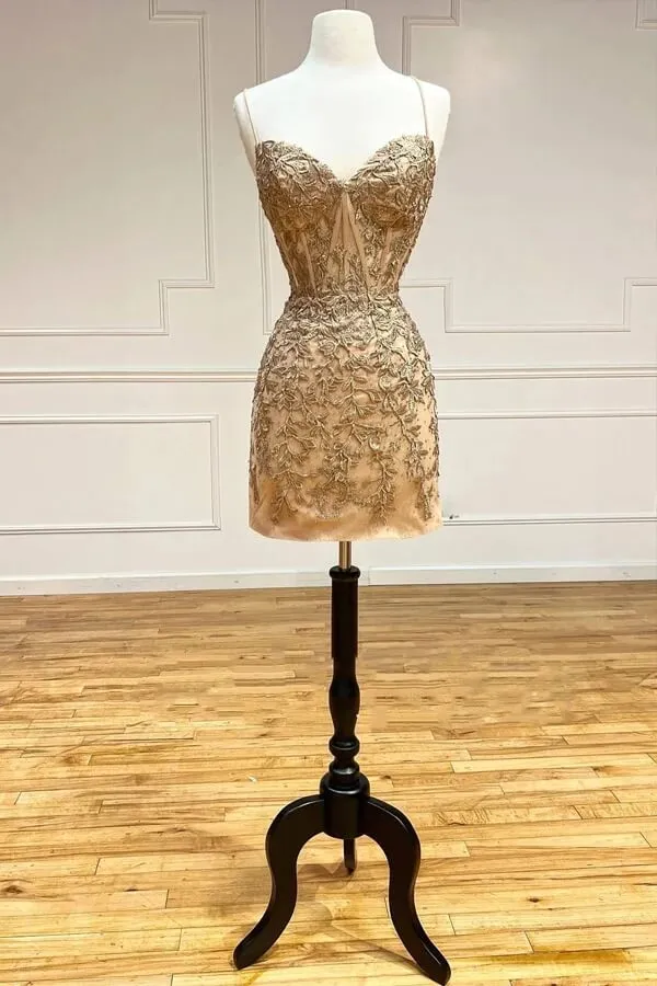 Red Sheath V-neck Spaghetti Straps Lace Tight Mini Homecoming Dresses, MH584