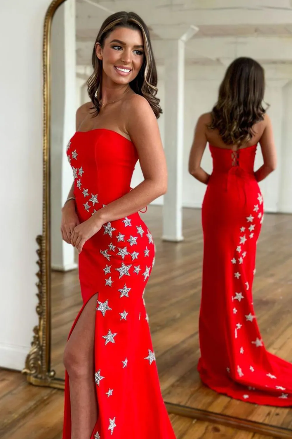 Roycebridal Charli |Sheath Strapless Satin Prom Dress with Slit