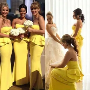 Roycebridal Mermaid Yellow Bridesmaid Dresses Strapless Ruffles Maid of Honor Wear