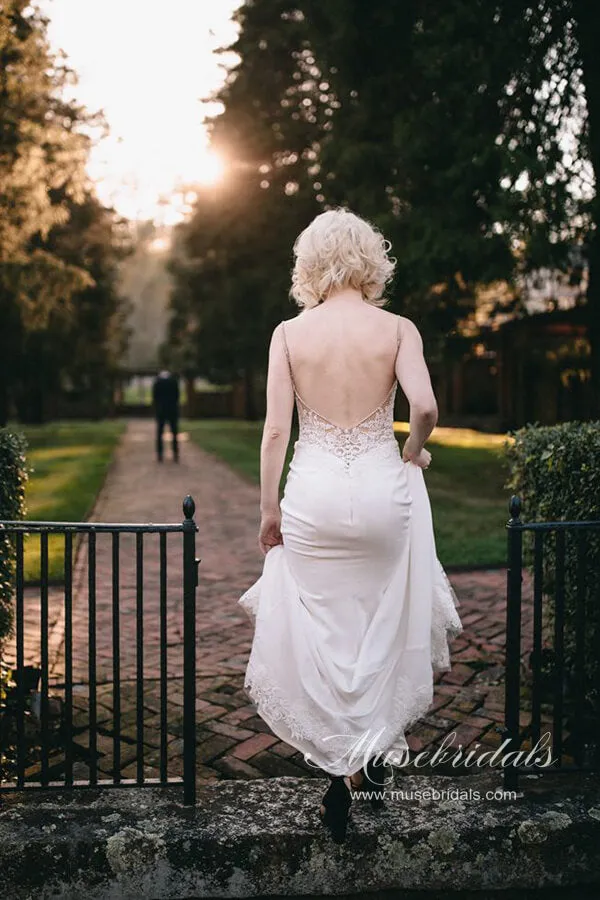 Roycebridal Sheath Lace Bodice Spaghetti Straps Wedding Dresses With Sweep Train, MW750