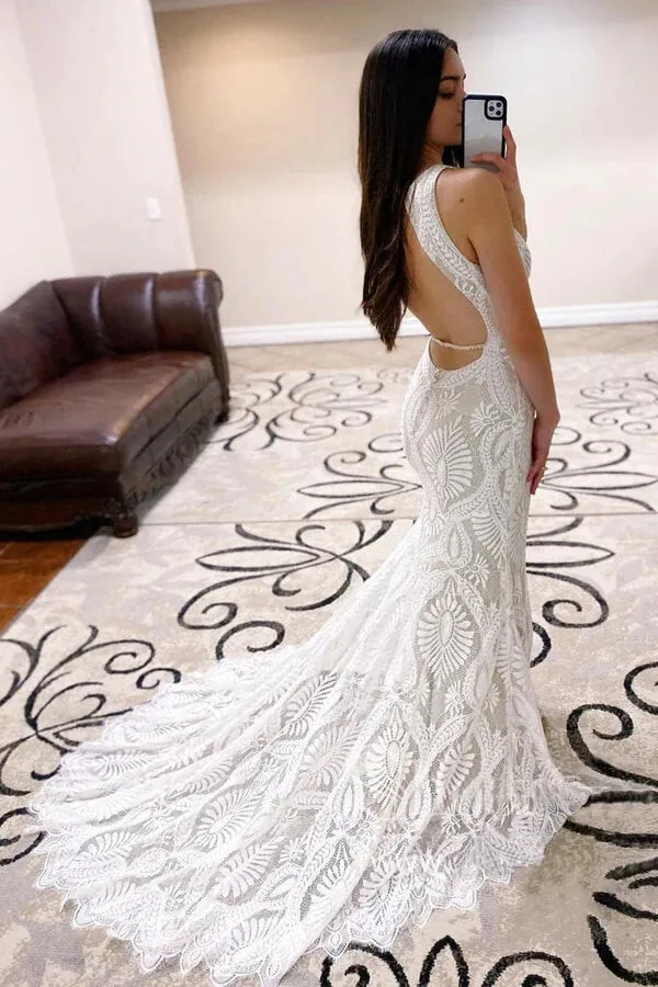 Roycebridal Sheath Open Back Lace Wedding Dresses With Court Train,  Bridal Dresses, MW738