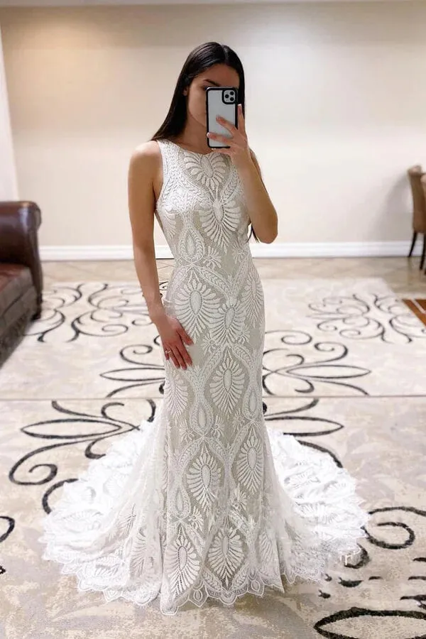 Roycebridal Sheath Open Back Lace Wedding Dresses With Court Train,  Bridal Dresses, MW738