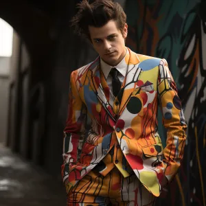 Rulercosplay Mens 2 Piece Print Suit Floral Dress Jacket Slim 2 Button Blazer Pants For Party
