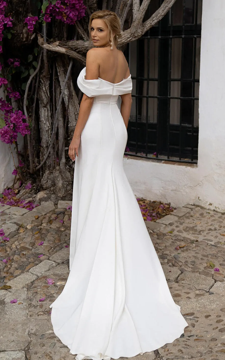 Satin Off-the-Shoulder Sheath Wedding Dress with Open Back and Zipper-716668