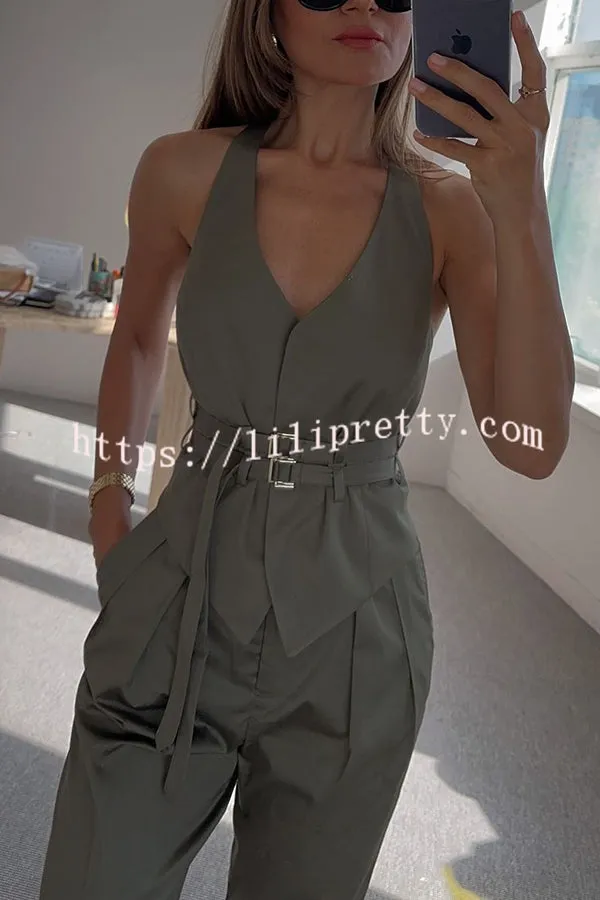 Sexy Backless Belted Waistcoat and Casual Pocket Pants Set