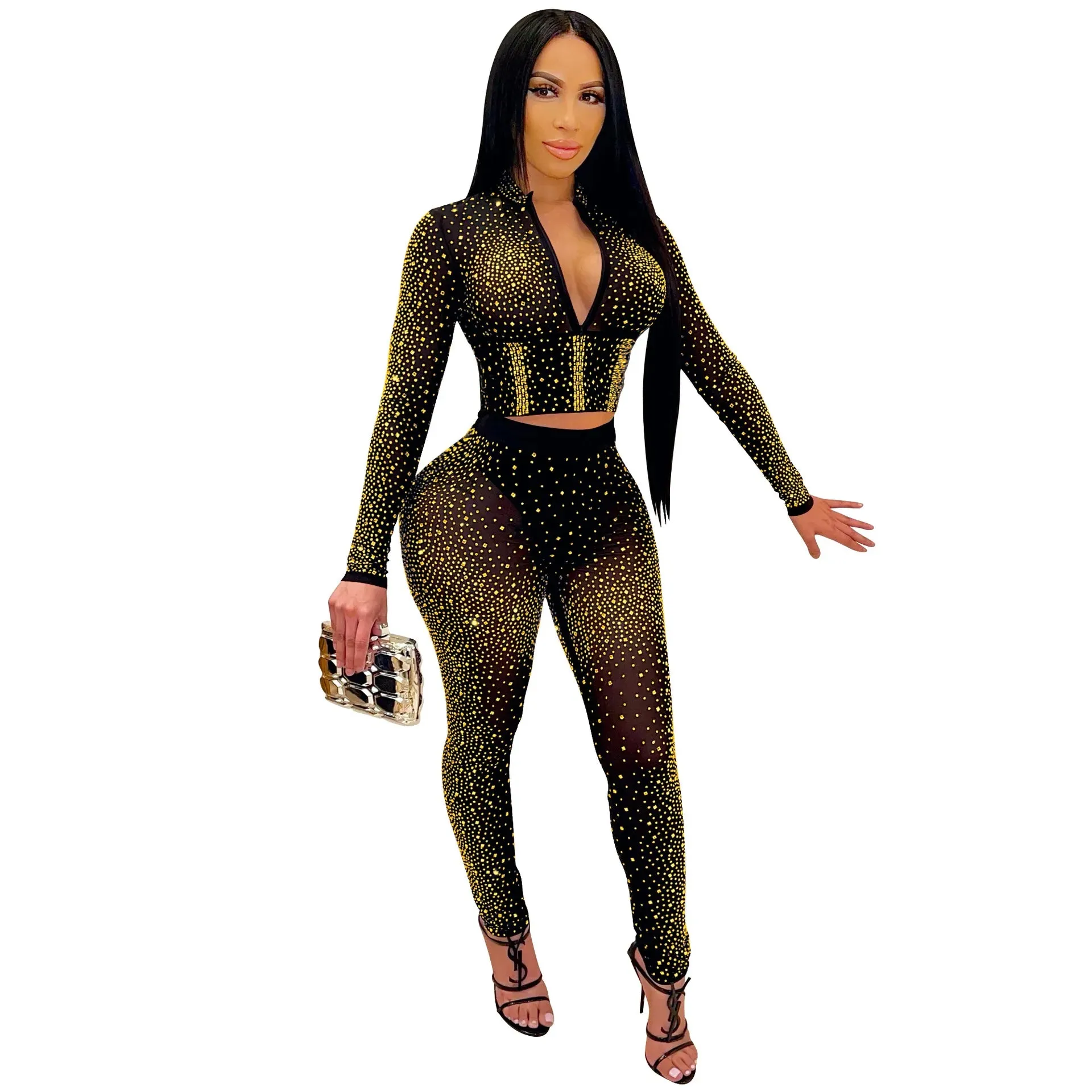 Sexy Mesh Long Sleeve Trouser Suit Set