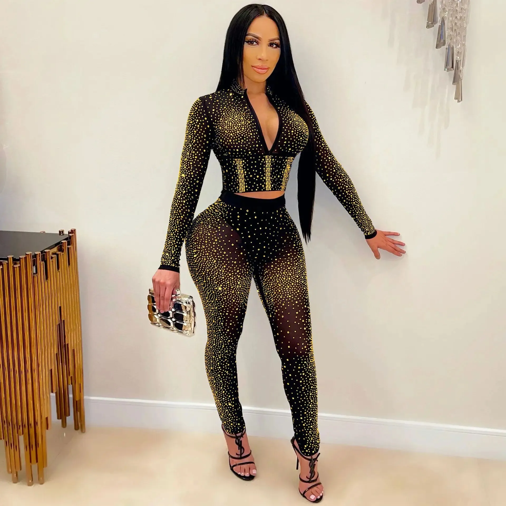 Sexy Mesh Long Sleeve Trouser Suit Set