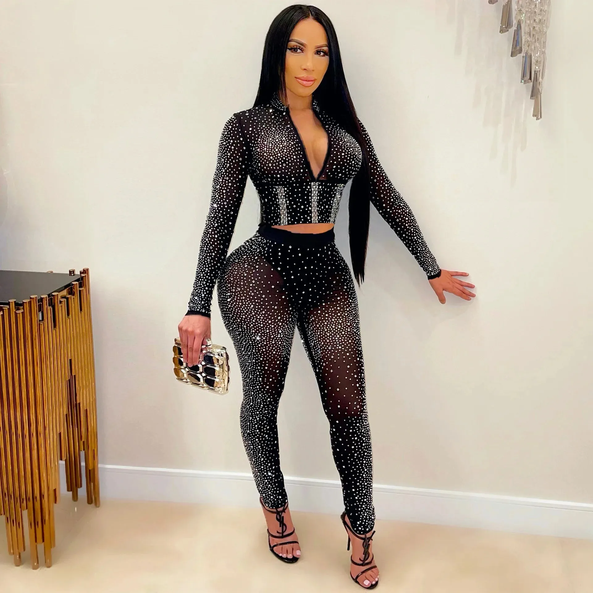 Sexy Mesh Long Sleeve Trouser Suit Set