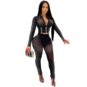 Sexy Mesh Long Sleeve Trouser Suit Set