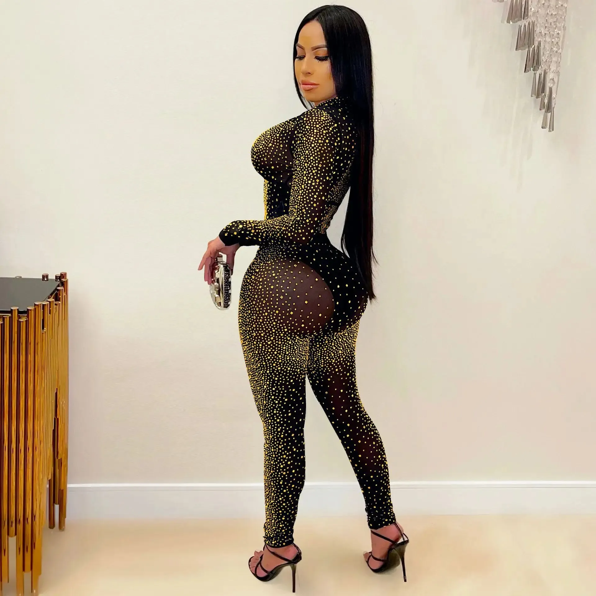 Sexy Mesh Long Sleeve Trouser Suit Set