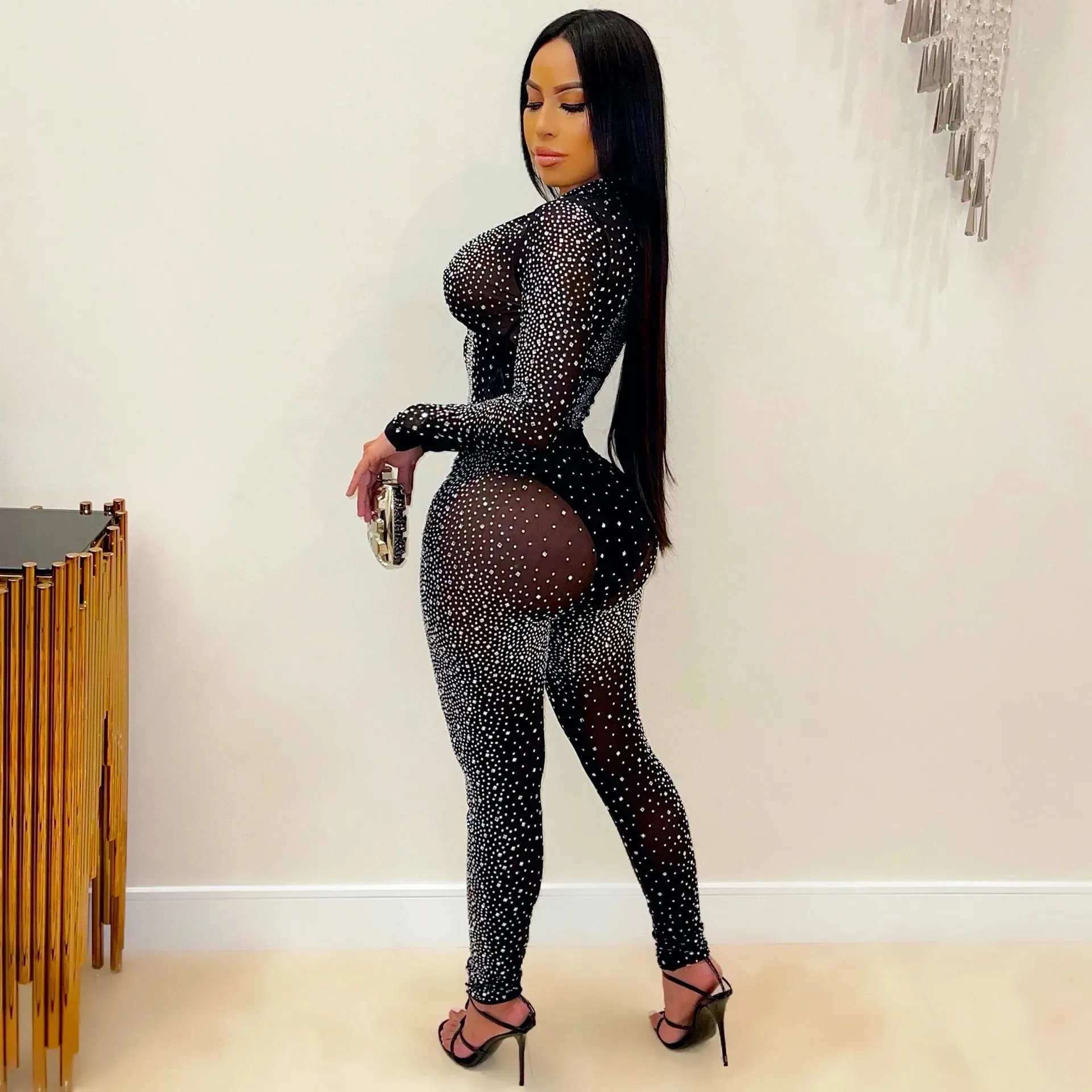 Sexy Mesh Long Sleeve Trouser Suit Set