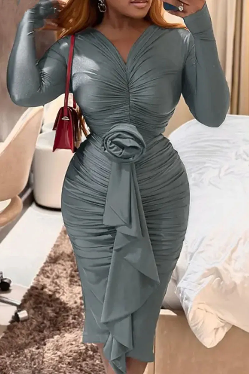Sexy Solid Patchwork Fold V Neck Pencil Skirt Dresses