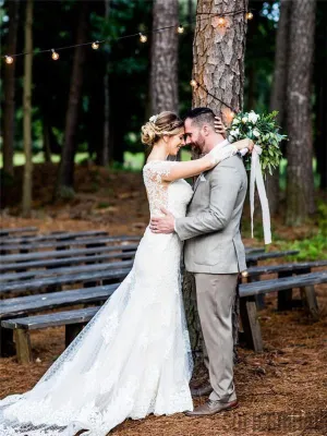 Sheath V-neck Long Sleeves Open-back Lace Wedding Dresses, WD0473