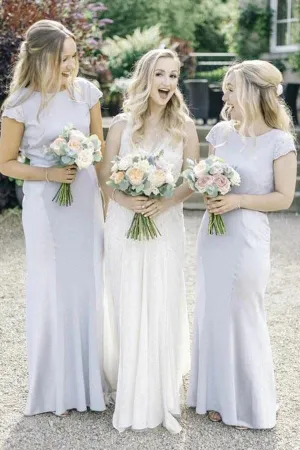 Stain Sheath Bateau Neck Cap Sleeves Floor Length Lace Bridesmaid Dresses, MBD217
