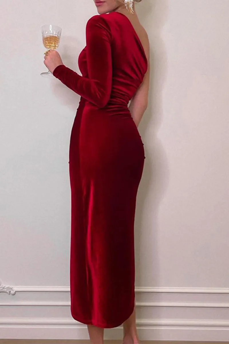 Street Solid High Opening One Shoulder Pencil Skirt Dresses(3 Colors)