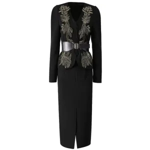 Tami V-Neck Embroidery Appliques Jacket   Slit Pencil Skirt Office Lady Two Piece Set
