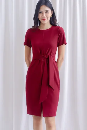 TDC Norella Sleeved Tie Waist Pencil Dress In Berry Red