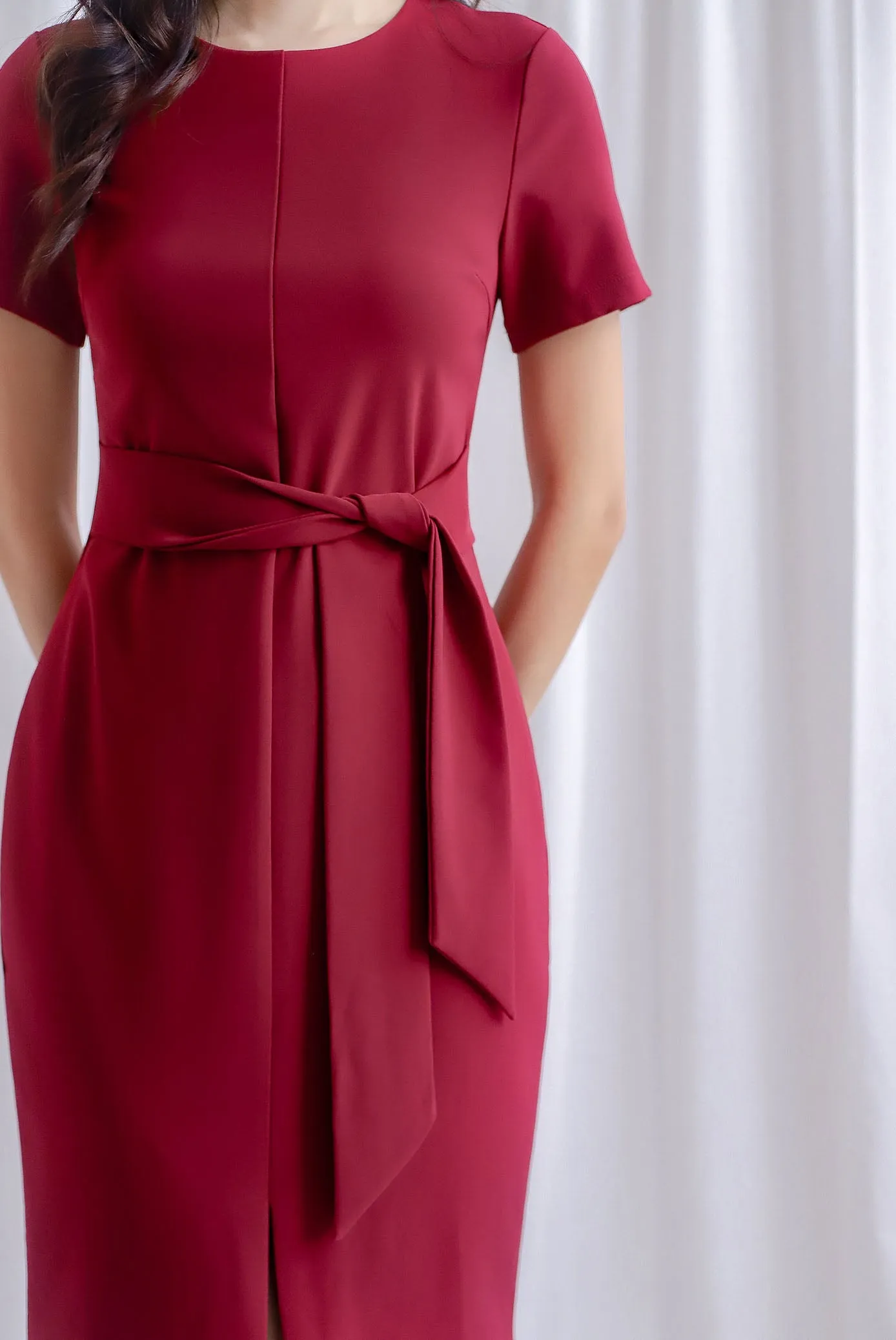 TDC Norella Sleeved Tie Waist Pencil Dress In Berry Red