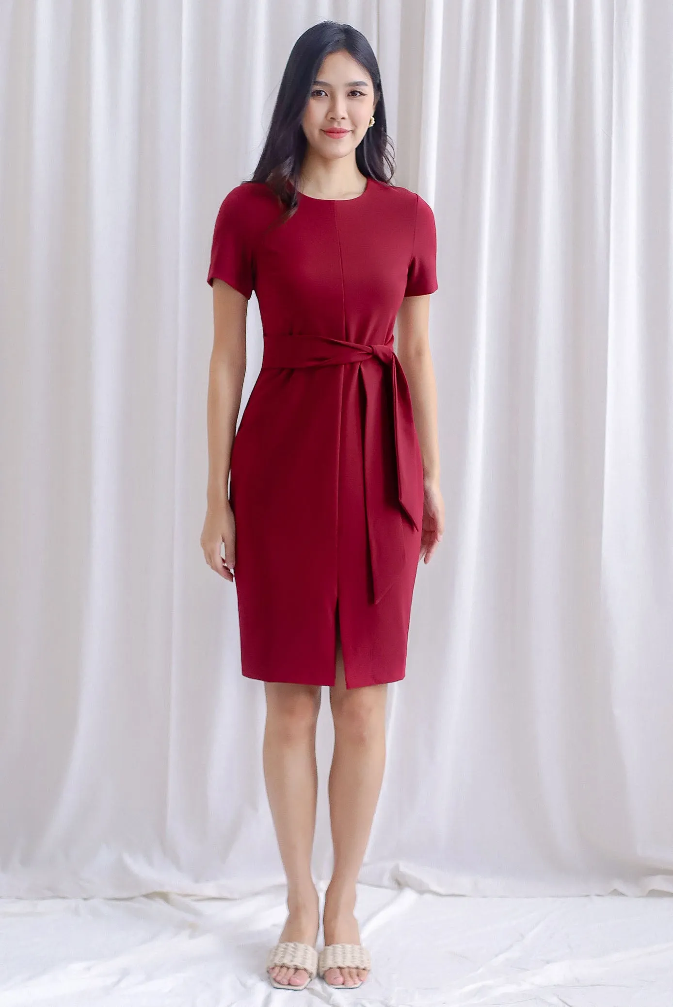 TDC Norella Sleeved Tie Waist Pencil Dress In Berry Red